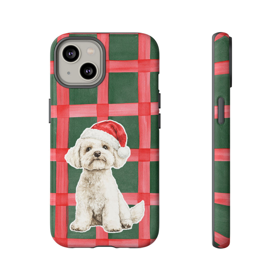 Maltese Christmas Tough iPhone Case, Red Green Plaid, Santa Dog Phone Cover
