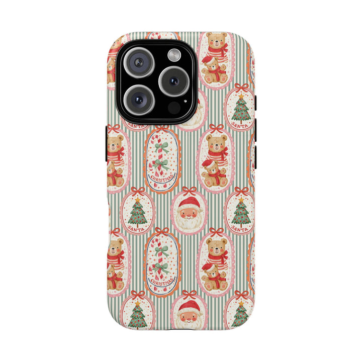 Vintage Santa Teddy Bear Tough iPhone Case, Christmas Candy Cane Green Stripe Phone Cover, Matte or Glossy