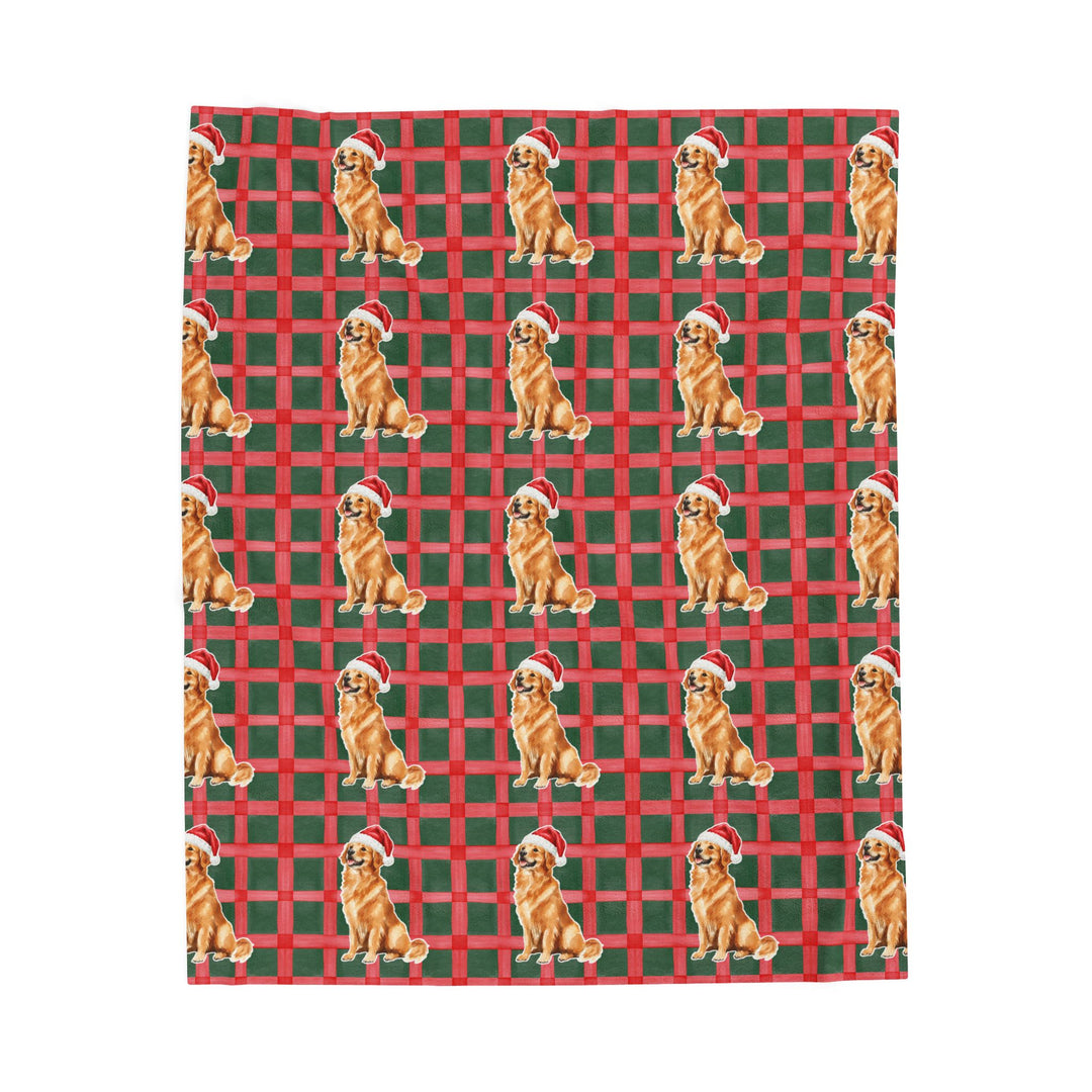 Golden Retriever Christmas Velveteen Plush Blanket, Red Green Plaid, Santa Dog Throw