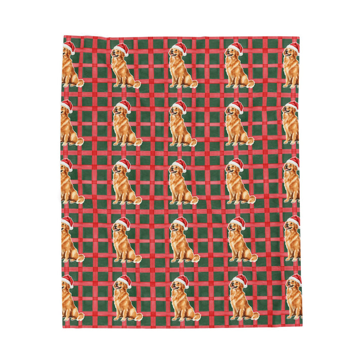 Golden Retriever Christmas Velveteen Plush Blanket, Red Green Plaid, Santa Dog Throw