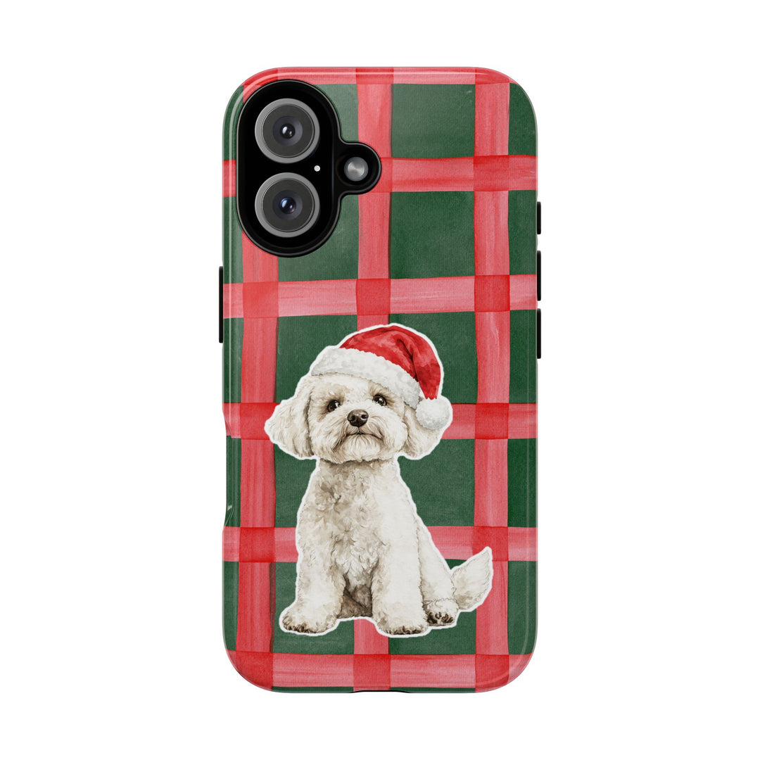 Maltese Christmas Tough iPhone Case, Red Green Plaid, Santa Dog Phone Cover