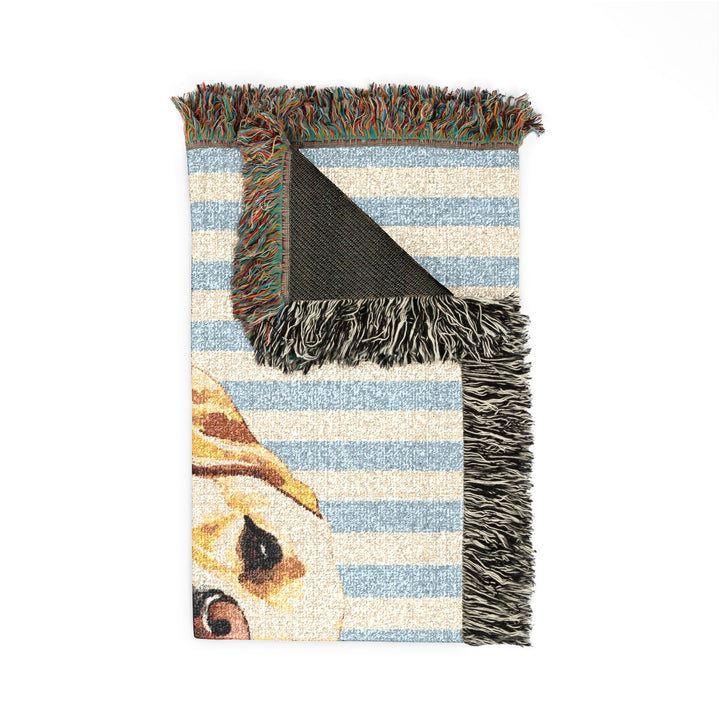 Yellow Lab Woven Blanket, Blue Stripe Cotton Throw, Labrador Mom Gift, 60 x 50