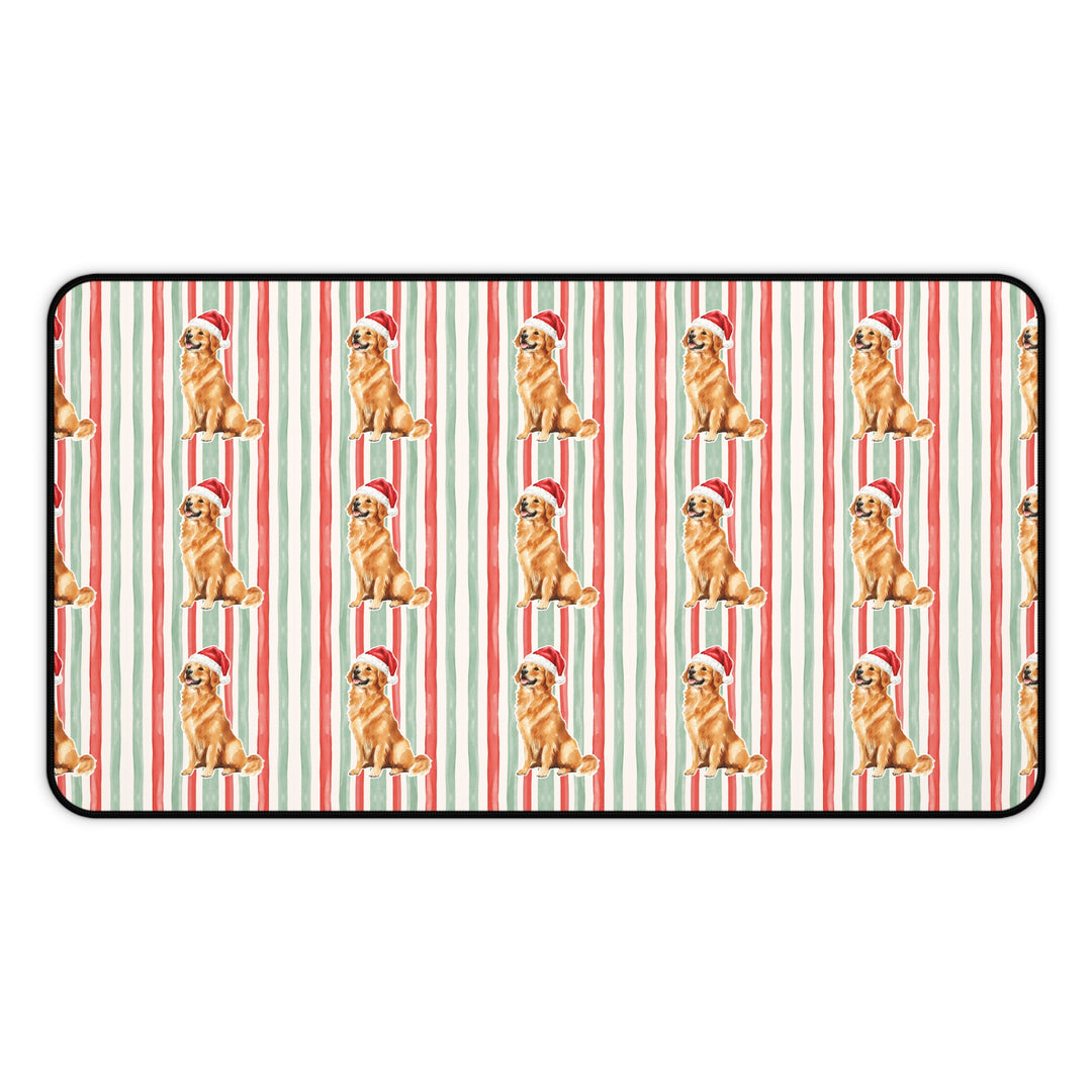 Golden Retriever Christmas Desk Mat, Red Sage Stripes, Santa Dog Desk Pad