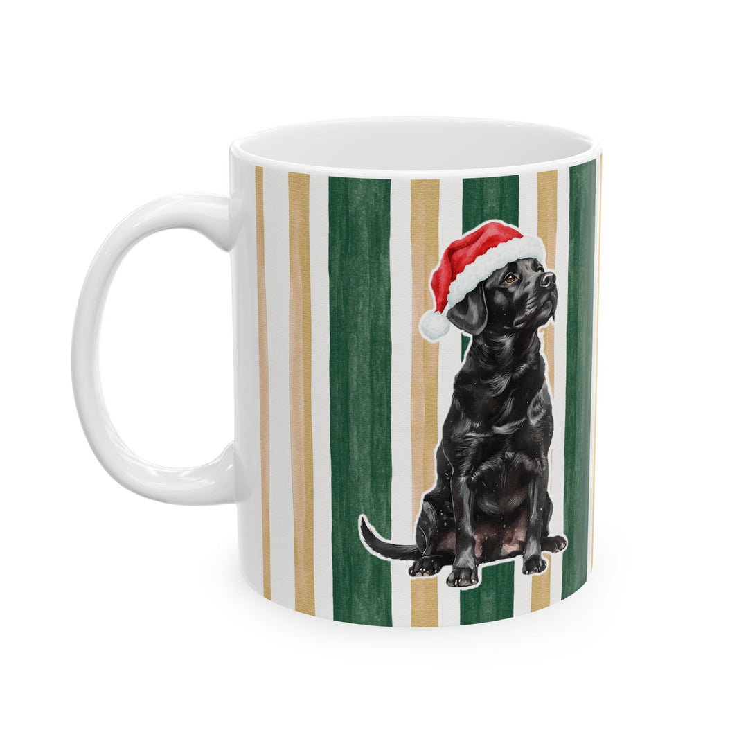 Black Labrador Christmas Mug, Green Gold Stripes, 11oz White Ceramic