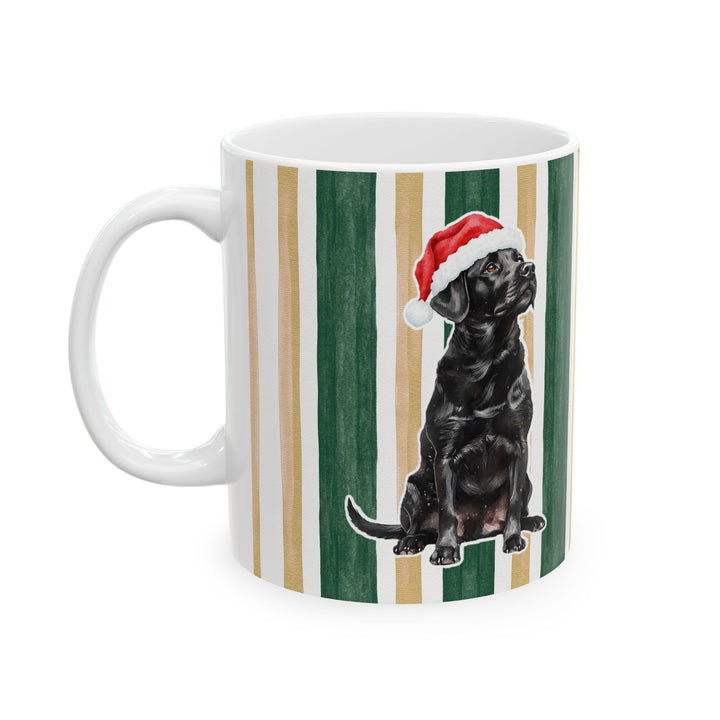 Black Labrador Christmas Mug, Green Gold Stripes, 11oz White Ceramic