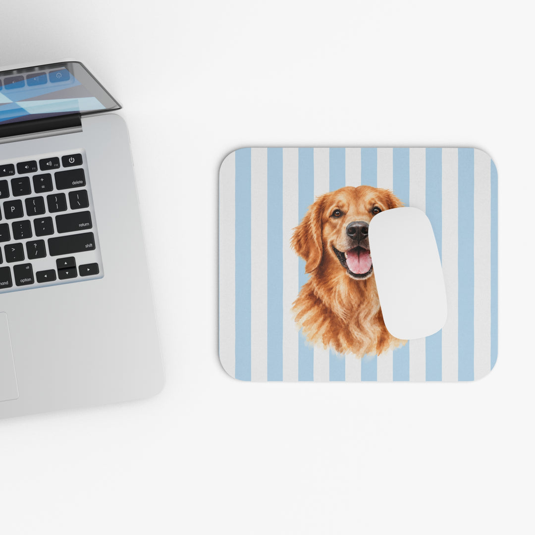 Custom Watercolor Dog Mouse Pad, Light Blue White Stripes, Personalized Pet Photo Desk Accessory