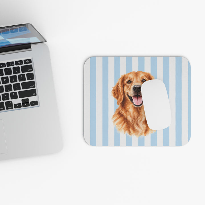 Custom Watercolor Dog Mouse Pad, Light Blue White Stripes, Personalized Pet Photo Desk Accessory