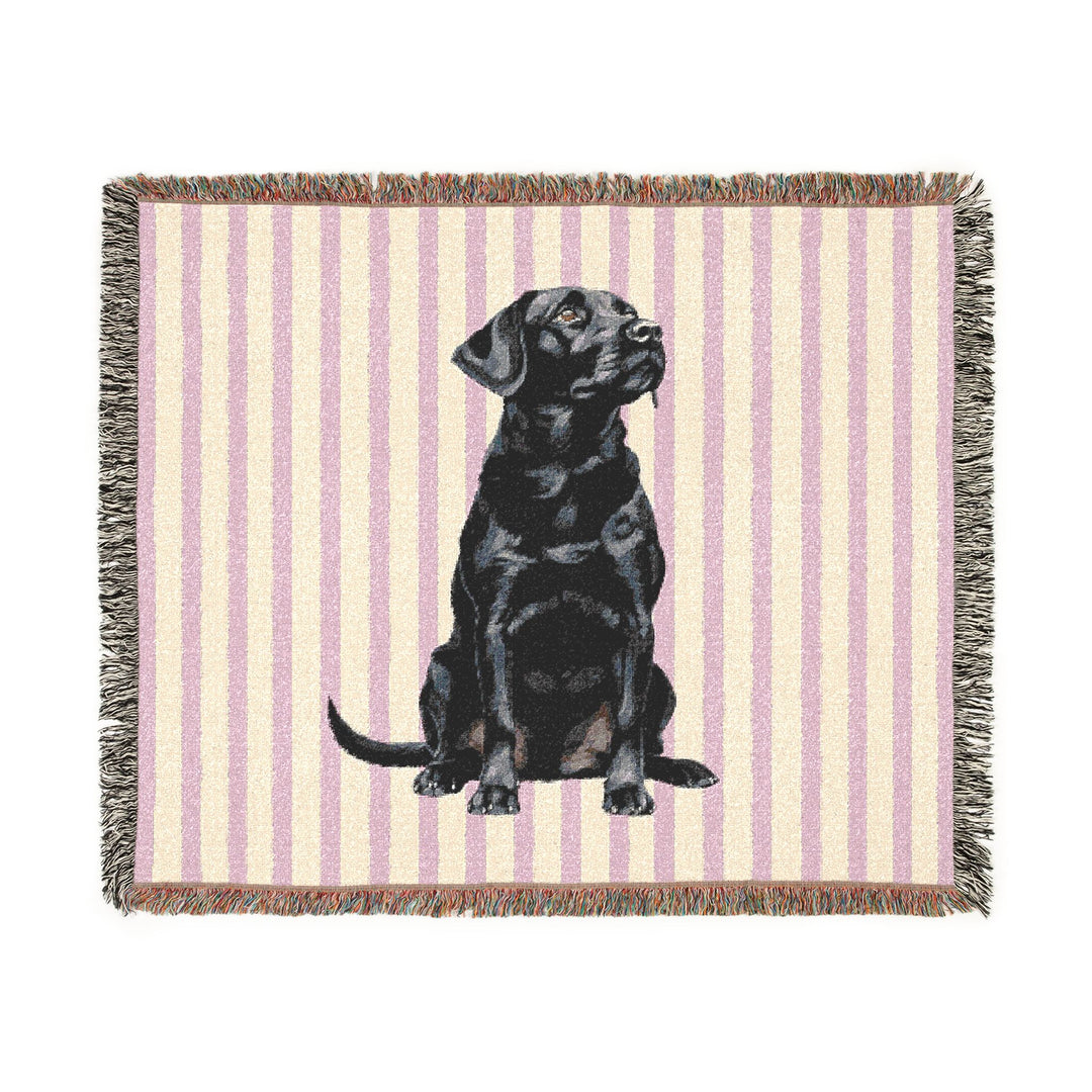 Black Lab Woven Blanket, Pink Stripe Cotton Throw, Labrador Mom Gift, 60 x 50