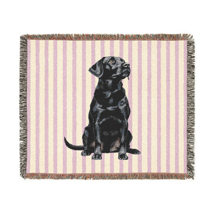 Black Lab Woven Blanket, Pink Stripe Cotton Throw, Labrador Mom Gift, 60 x 50
