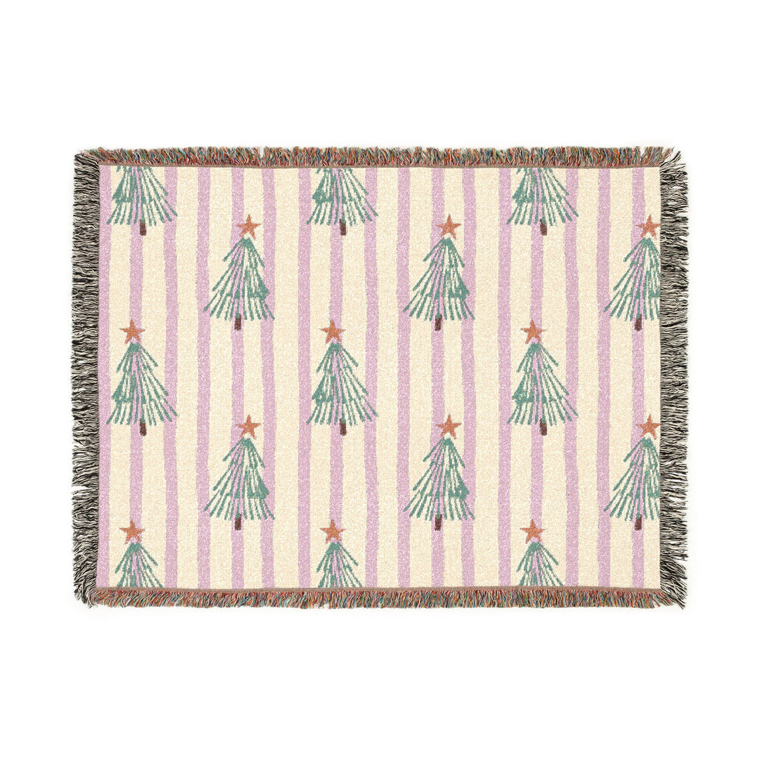 Pink Stripe Christmas Tree Woven Blanket, Retro Green Tree Cotton Throw, Festive Holiday Sofa Decor