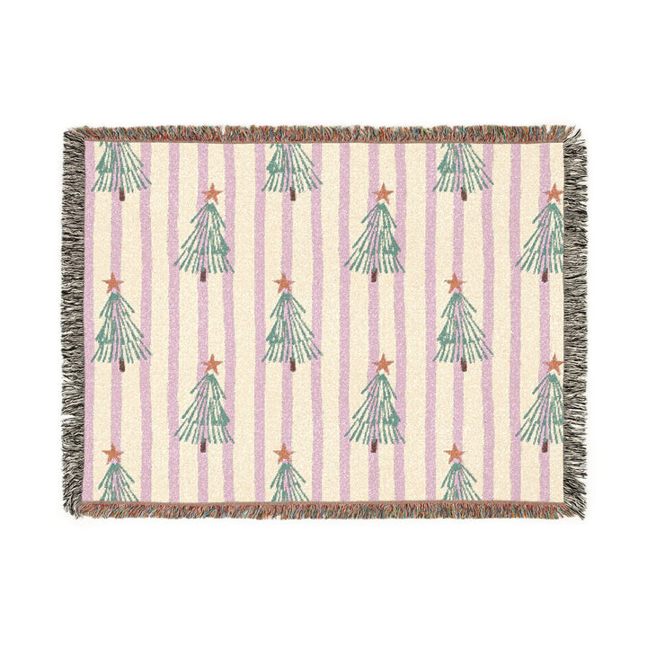 Pink Stripe Christmas Tree Woven Blanket, Retro Green Tree Cotton Throw, Festive Holiday Sofa Decor