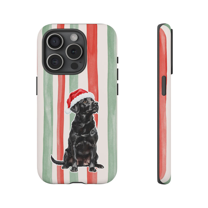Black Labrador Christmas Tough iPhone Case, Red Sage Stripes, Santa Dog Phone Cover