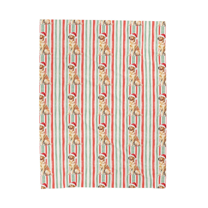 Yellow Labrador Christmas Velveteen Plush Blanket, Red Sage Stripes, Santa Dog Throw
