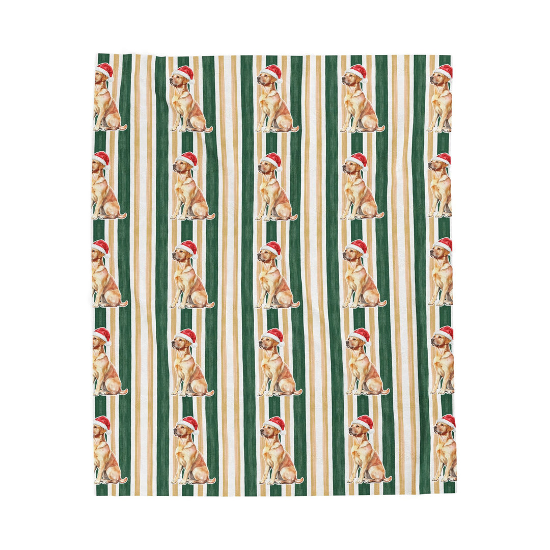 Yellow Labrador Christmas Velveteen Plush Blanket, Green Gold Stripes, Santa Dog Throw