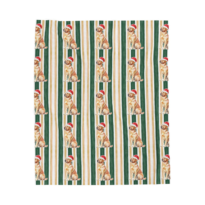 Yellow Labrador Christmas Velveteen Plush Blanket, Green Gold Stripes, Santa Dog Throw
