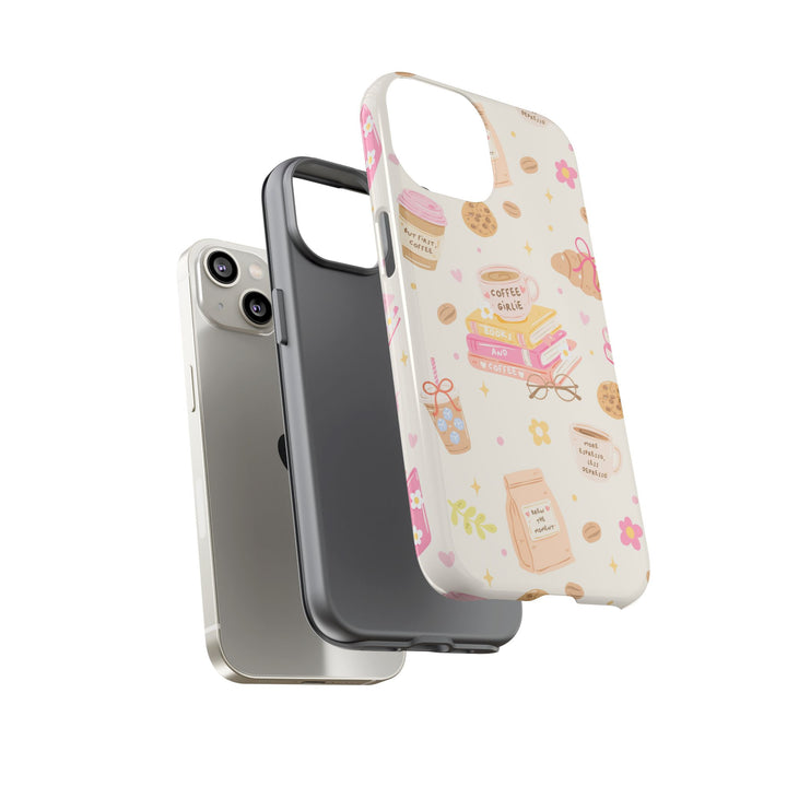 Coffee and Books Tough iPhone Case, Pastel Pink Bookish Phone Cover, Matte or Glossy