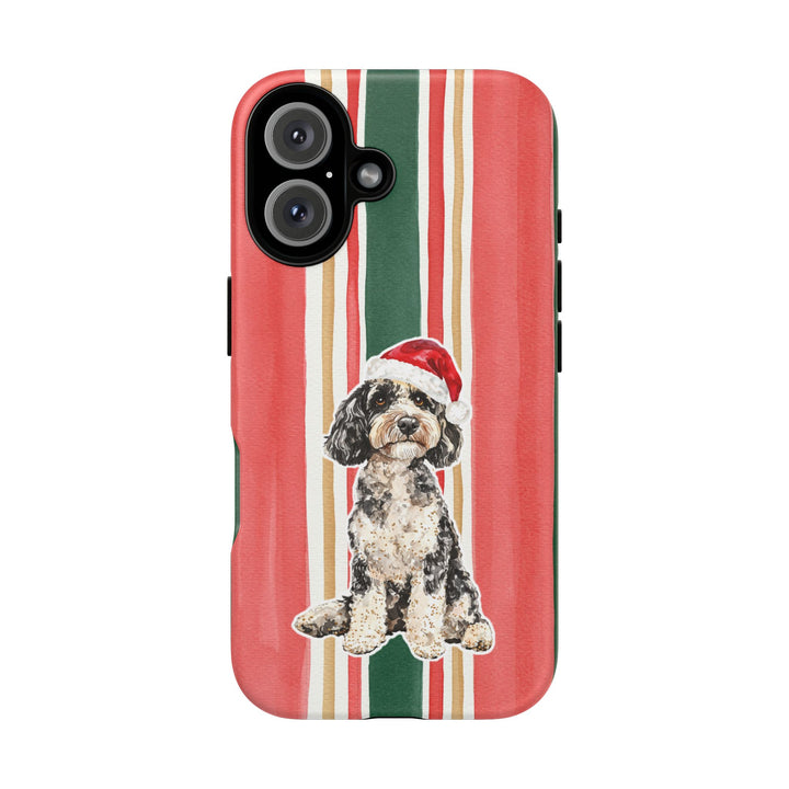 Doodle Christmas Tough iPhone Case, Classic Red Green Stripes, Santa Dog Phone Cover