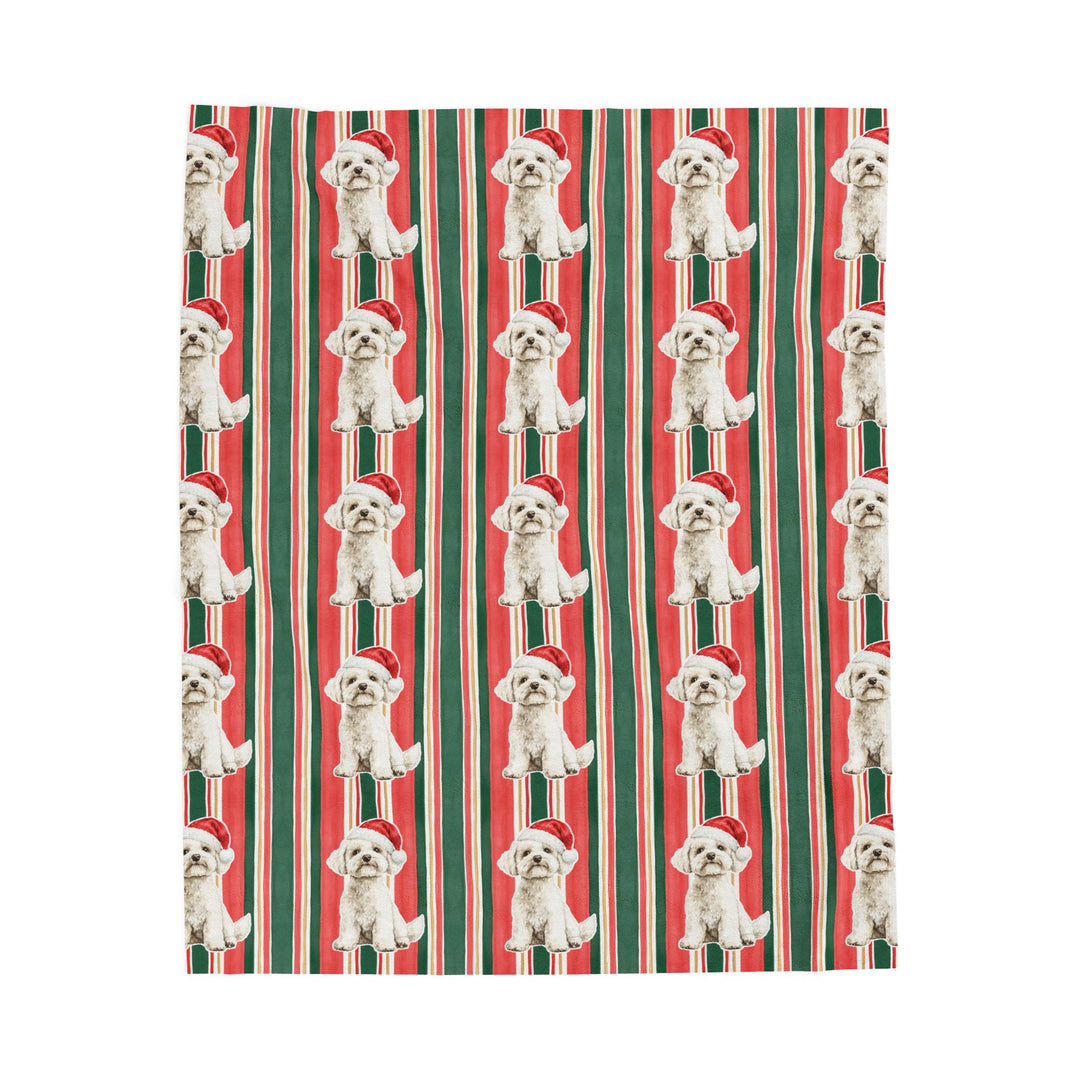 Maltese Christmas Velveteen Plush Blanket, Classic Red Green Stripes, Santa Dog Throw