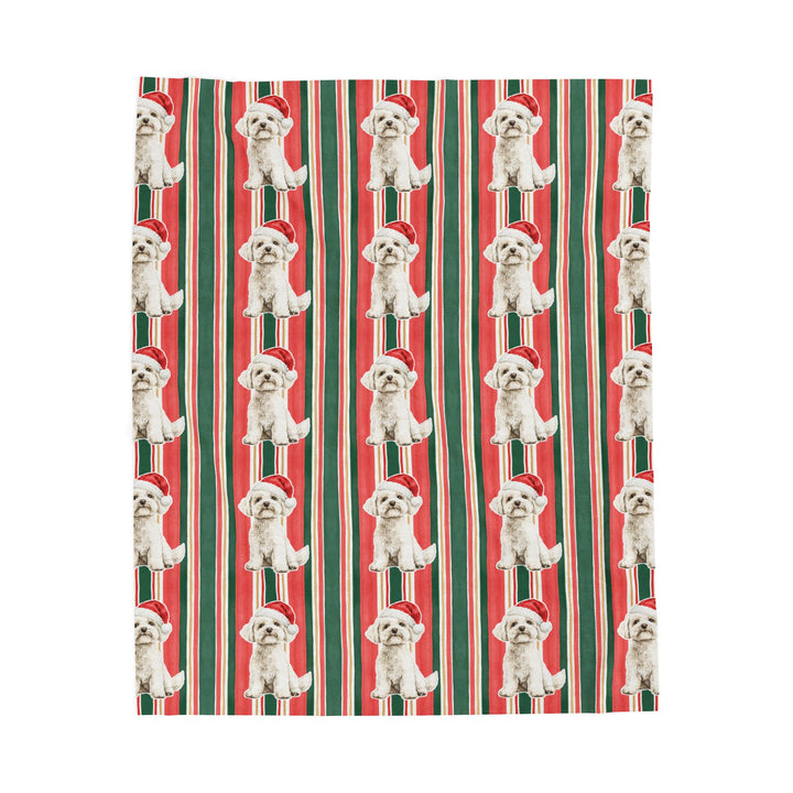 Maltese Christmas Velveteen Plush Blanket, Classic Red Green Stripes, Santa Dog Throw