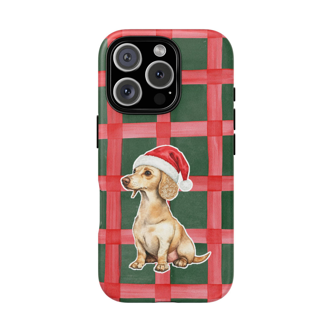 Dachshund Christmas Tough iPhone Case, Red Green Plaid, Santa Dog Phone Cover