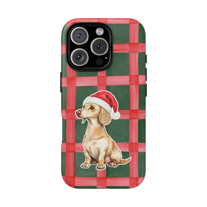 Dachshund Christmas Tough iPhone Case, Red Green Plaid, Santa Dog Phone Cover
