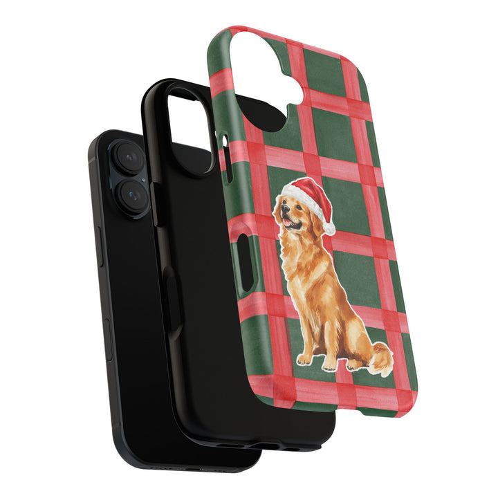 Golden Retriever Christmas Tough iPhone Case, Red Green Plaid, Santa Dog Phone Cover