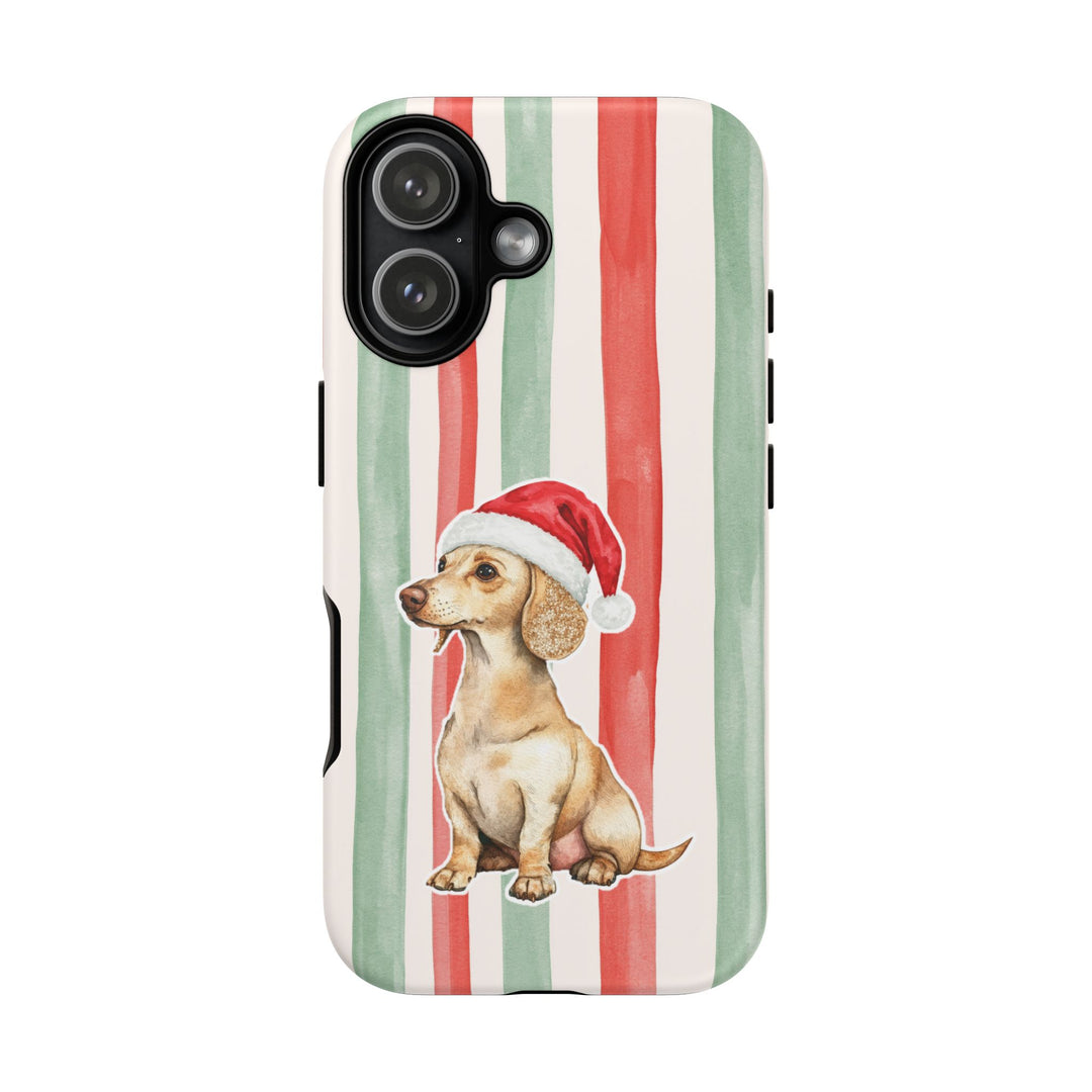 Dachshund Christmas Tough iPhone Case, Red Sage Stripes, Santa Dog Phone Cover