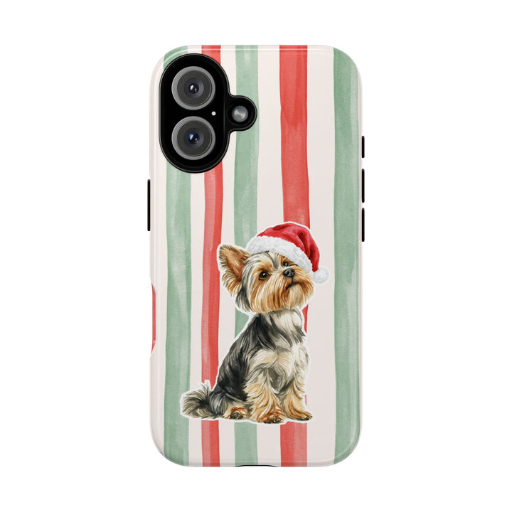 Yorkshire Terrier Christmas Tough iPhone Case, Red Sage Stripes, Santa Dog Phone Cover