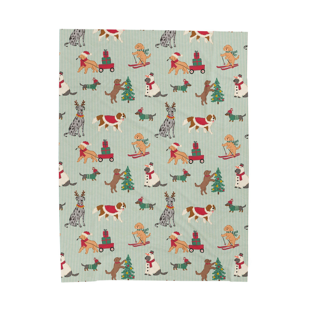 Christmas Dogs Velveteen Plush Blanket, Green Stripe Holiday Throw, Cozy Dog Lover Gift