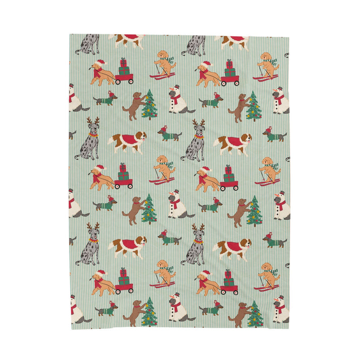 Christmas Dogs Velveteen Plush Blanket, Green Stripe Holiday Throw, Cozy Dog Lover Gift
