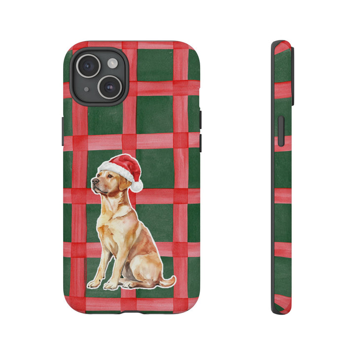 Yellow Labrador Christmas Tough iPhone Case, Red Green Plaid, Santa Dog Phone Cover