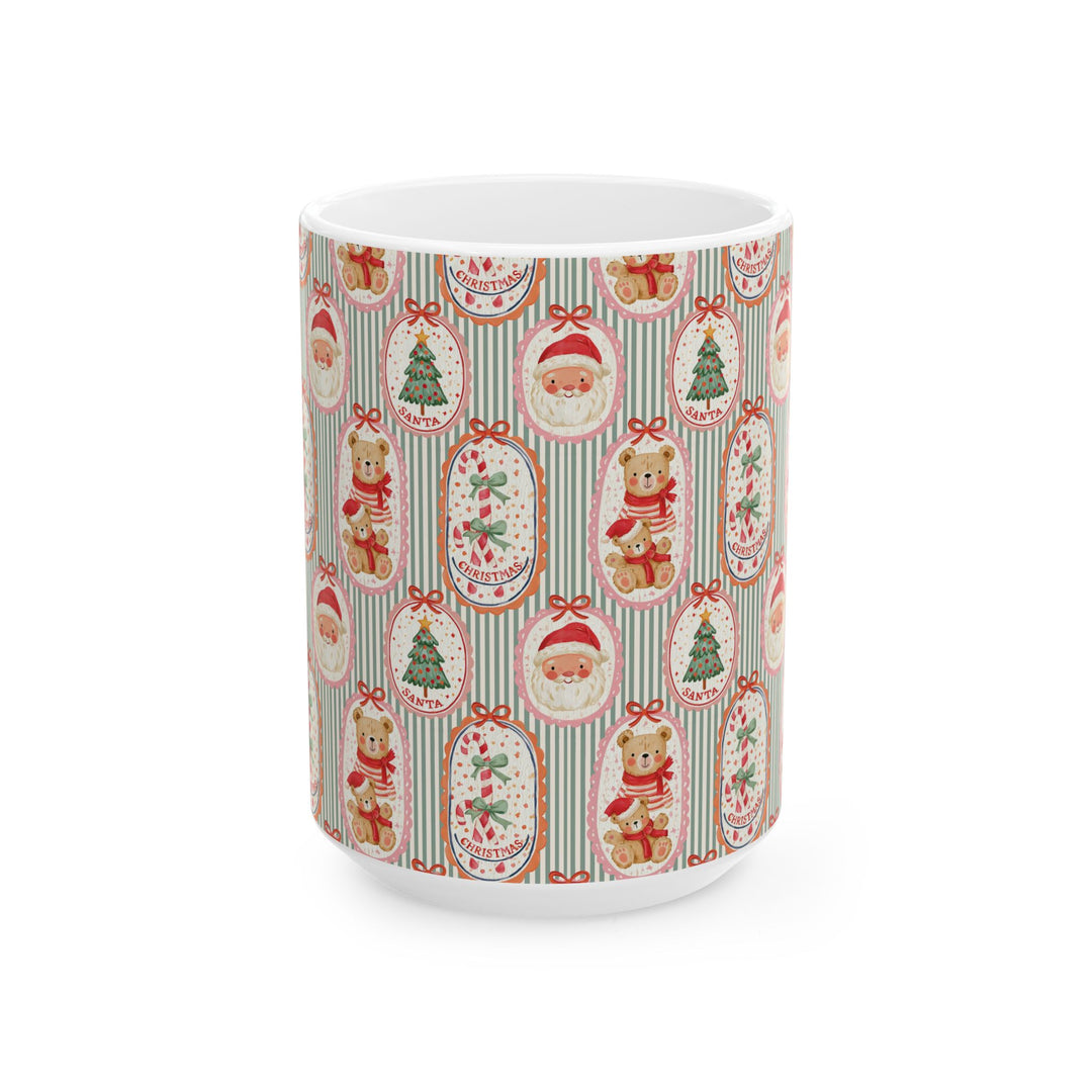 Santa Teddy Bear Ceramic Mug, Vintage Christmas Coffee Cup, Candy Cane Holiday Gift, 11oz and 15oz