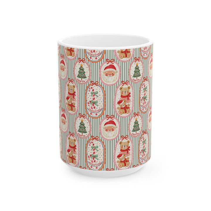 Santa Teddy Bear Ceramic Mug, Vintage Christmas Coffee Cup, Candy Cane Holiday Gift, 11oz and 15oz