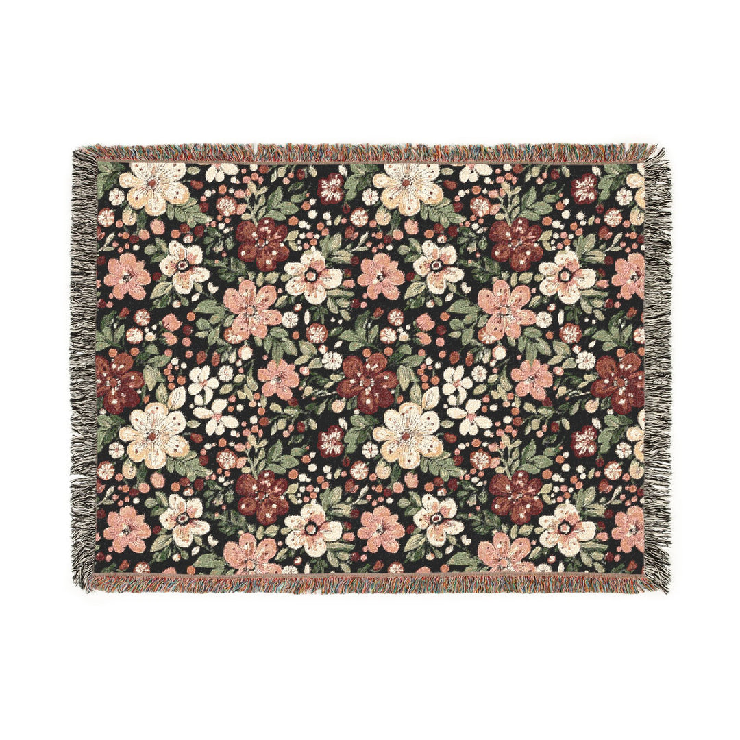Retro Floral Woven Blanket, Dark Botanical Cotton Throw, Red Pink Flower Sofa Blanket, Christmas Gift