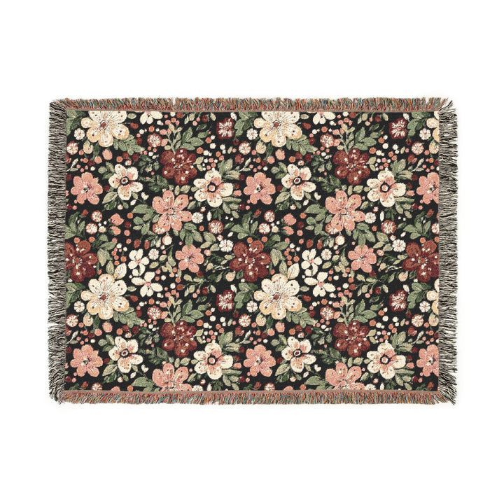 Retro Floral Woven Blanket, Dark Botanical Cotton Throw, Red Pink Flower Sofa Blanket, Christmas Gift