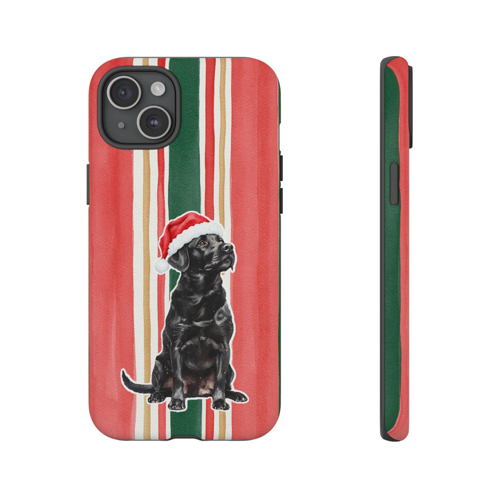 Black Labrador Christmas Tough iPhone Case, Classic Red Green Stripes, Santa Dog Phone Cover