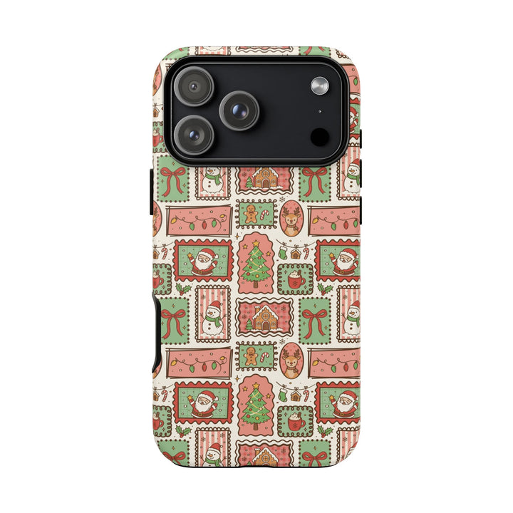 Vintage Christmas Frames Tough iPhone Case, Santa Snowman Gingerbread Holiday Phone Cover, Matte or Glossy