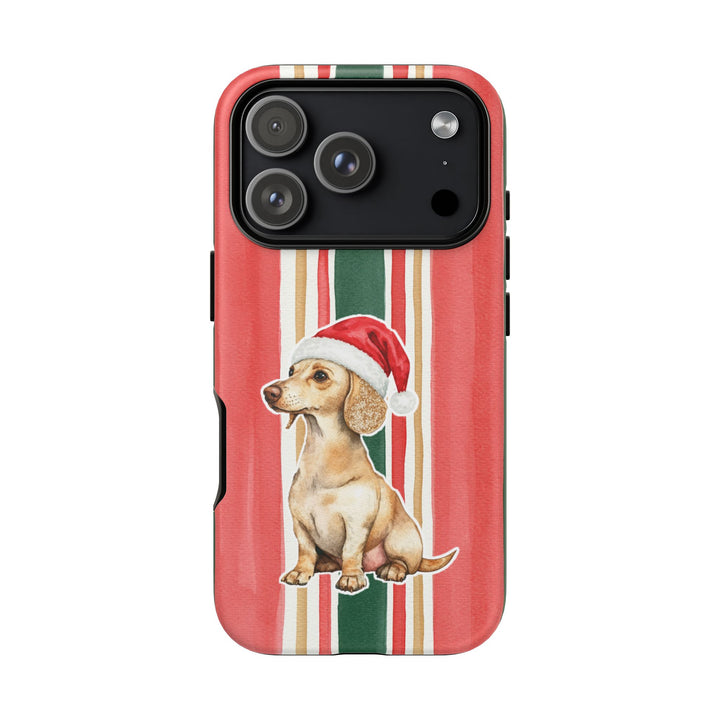 Dachshund Christmas Tough iPhone Case, Classic Red Green Stripes, Santa Dog Phone Cover
