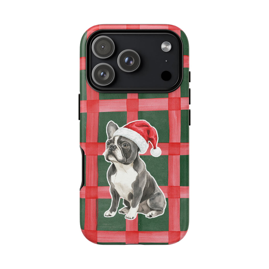 French Bulldog Christmas Tough iPhone Case, Red Green Plaid, Santa Dog Phone Cover