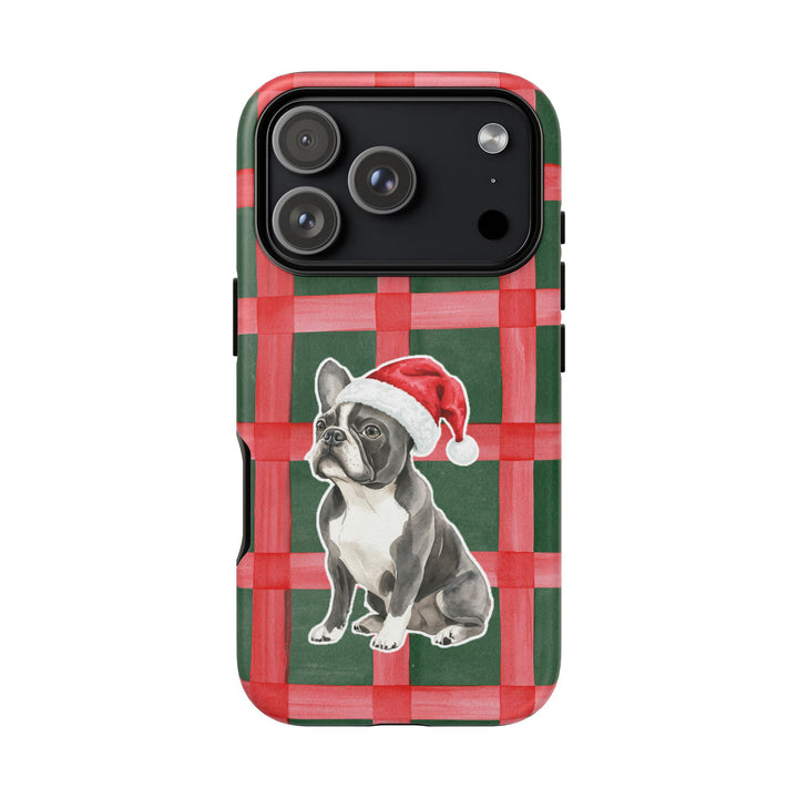 French Bulldog Christmas Tough iPhone Case, Red Green Plaid, Santa Dog Phone Cover