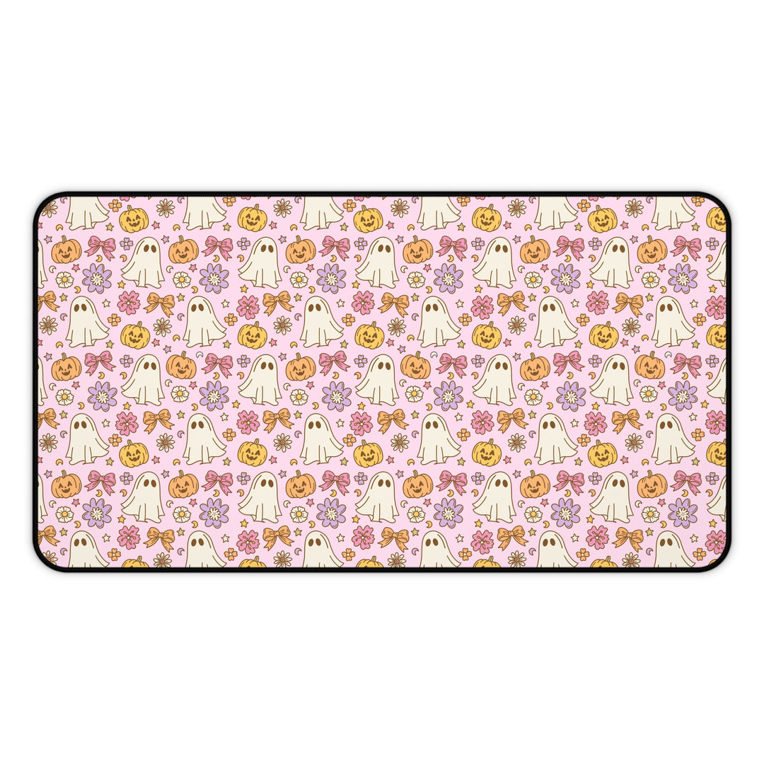 Vintage Ghost Floral Desk Mat, Pink Halloween Pumpkin and Bow Desk Pad, Cute Retro Spooky Large Mouse Pad