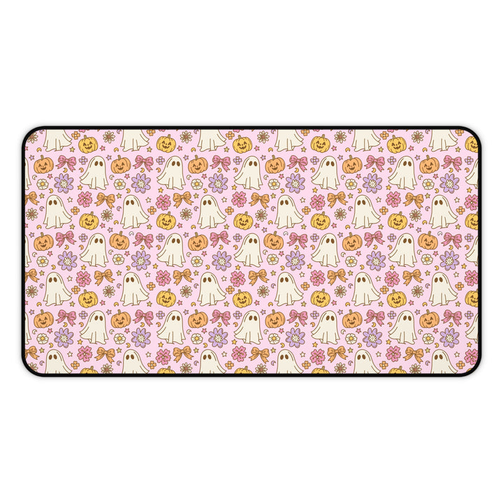 Vintage Ghost Floral Desk Mat, Pink Halloween Pumpkin and Bow Desk Pad, Cute Retro Spooky Large Mouse Pad