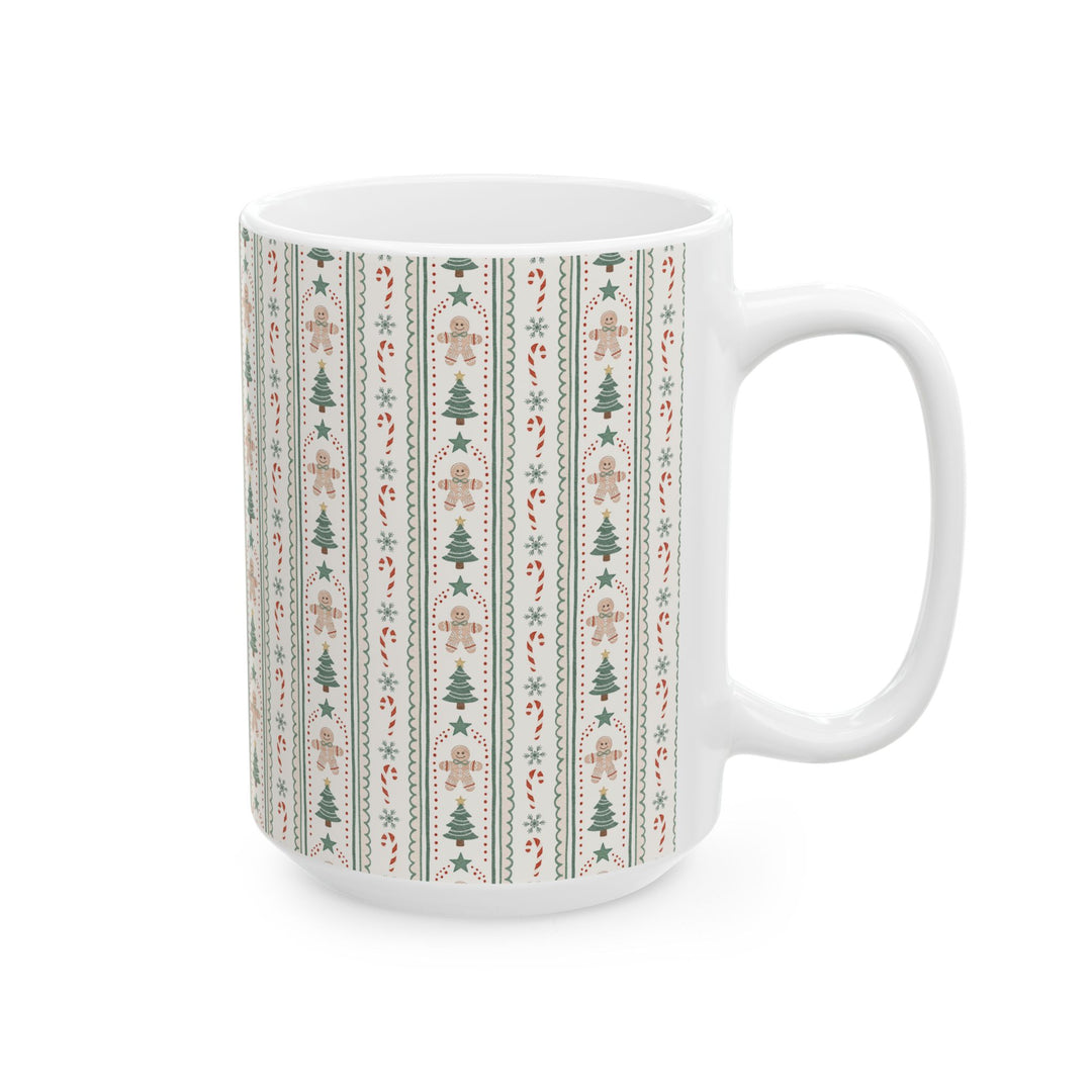 Gingerbread Stripe Ceramic Mug, Sage Green Christmas Tree Coffee Cup, Vintage Holiday Gift, 11oz and 15oz