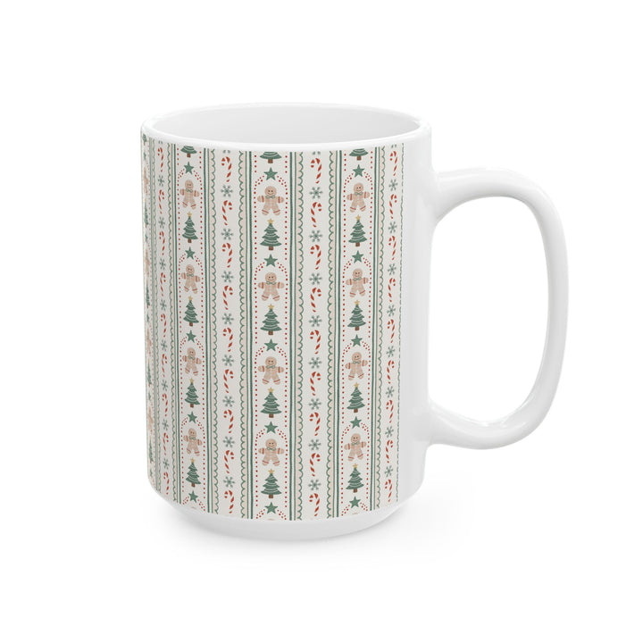 Gingerbread Stripe Ceramic Mug, Sage Green Christmas Tree Coffee Cup, Vintage Holiday Gift, 11oz and 15oz