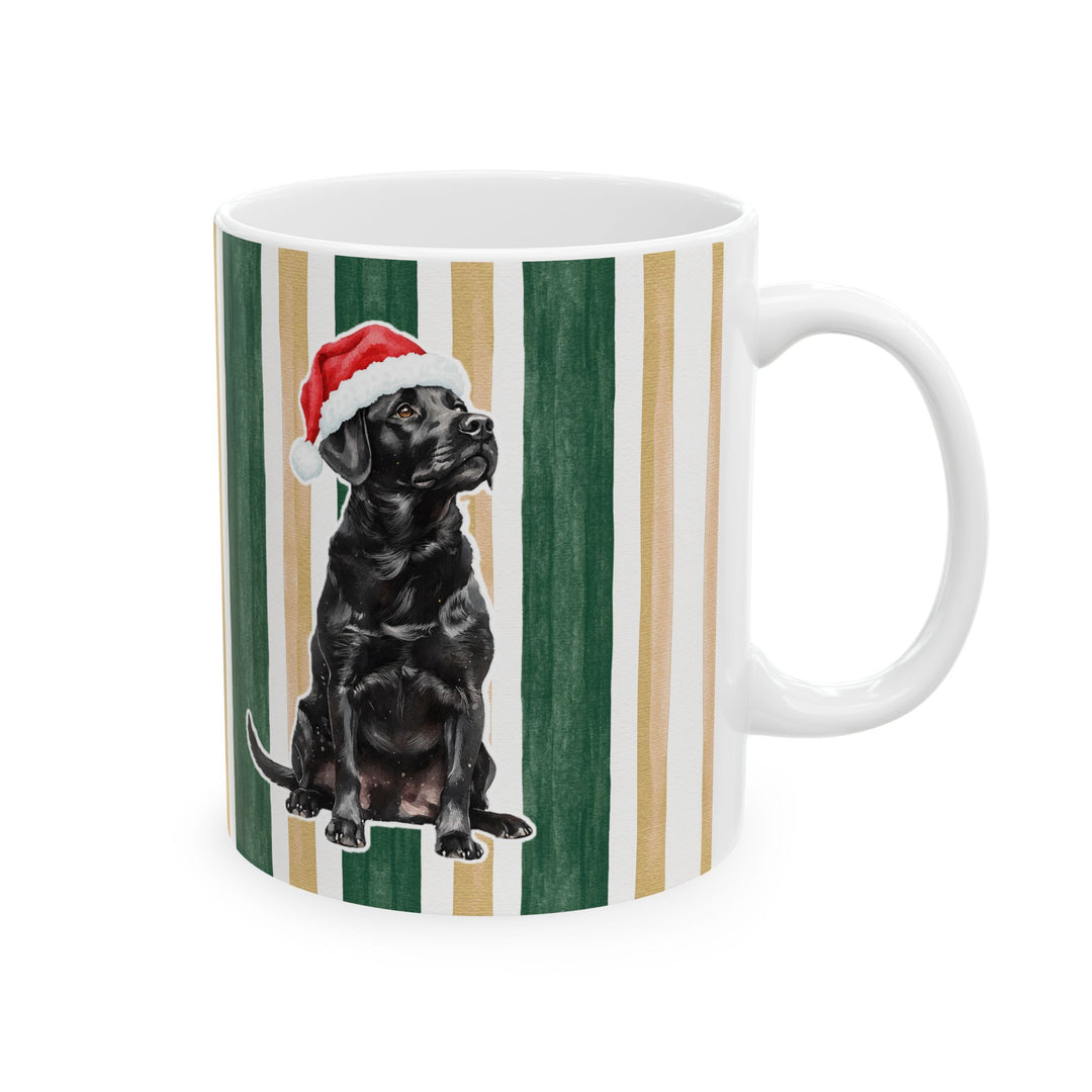 Black Labrador Christmas Mug, Green Gold Stripes, 11oz White Ceramic