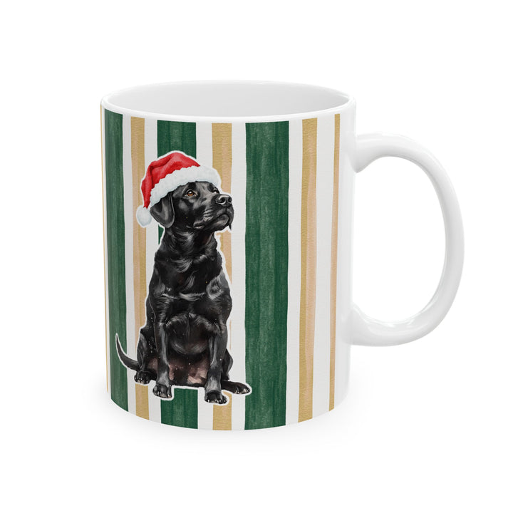 Black Labrador Christmas Mug, Green Gold Stripes, 11oz White Ceramic