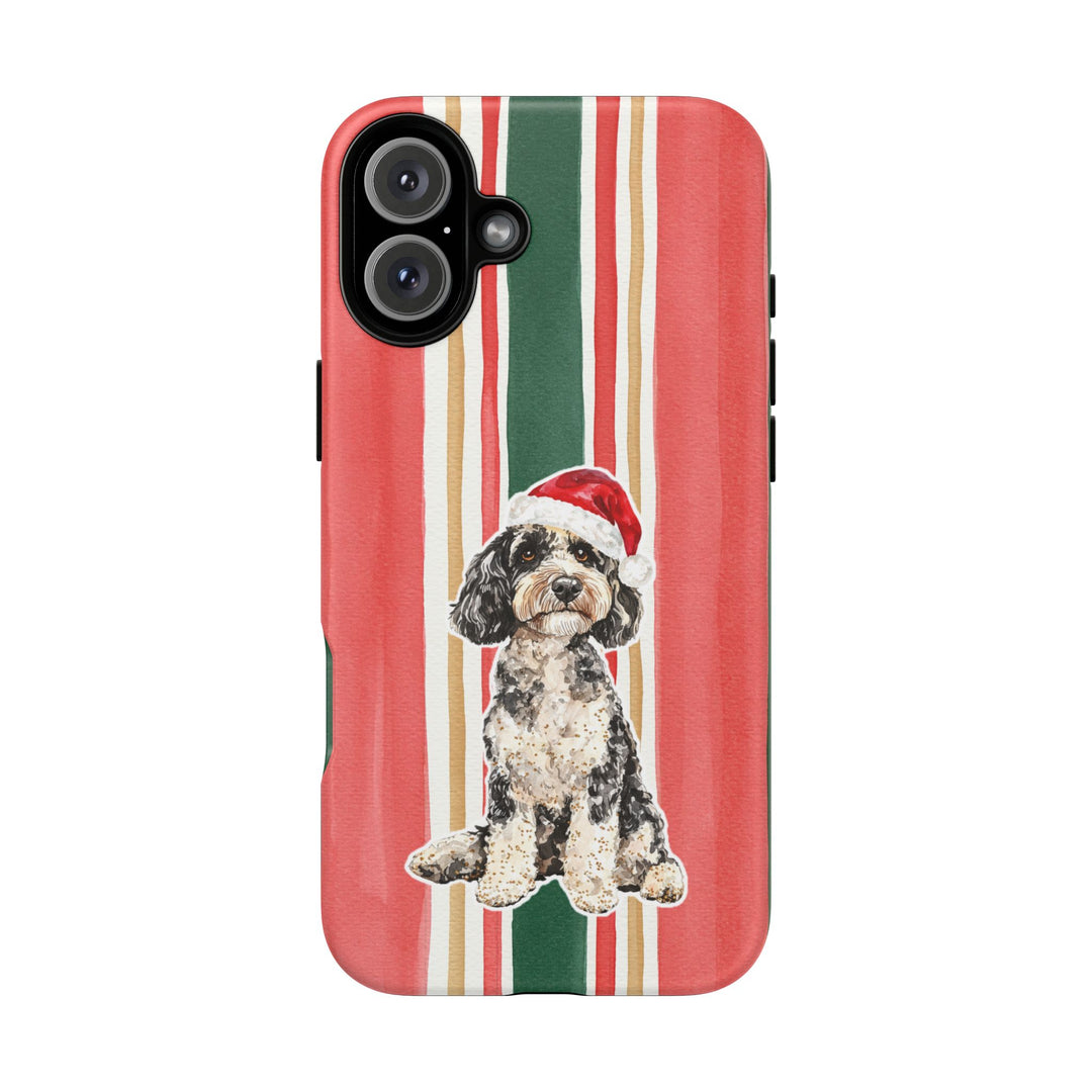 Doodle Christmas Tough iPhone Case, Classic Red Green Stripes, Santa Dog Phone Cover