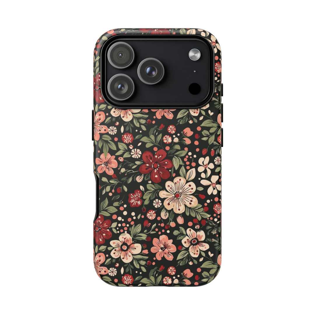 Retro Christmas Floral Tough iPhone Case, Dark Botanical Pink Red Flower Phone Cover, Matte or Glossy
