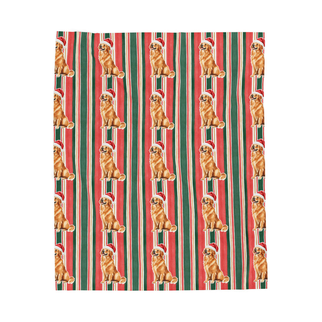 Golden Retriever Christmas Velveteen Plush Blanket, Classic Red Green Stripes, Santa Dog Throw