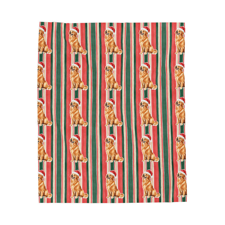 Golden Retriever Christmas Velveteen Plush Blanket, Classic Red Green Stripes, Santa Dog Throw
